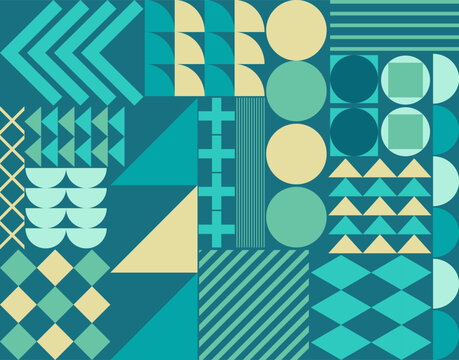 Teal and turquoise abstract seamless geometric pattern. Vector background set in modern Bauhaus style for premium textile, fabric print, and wrapping paper design. Decorative mosaic print