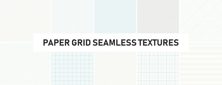 Collection of vector seamless geometric patterns. Grid paper textures. Realistic lined, squared graph outline prints. Minimalistic striped blanks, pages, backgrounds in different styles
