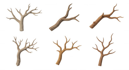 Fototapeta premium 3d rendered collection of various barren tree branch designs on white background used in nature themed projects