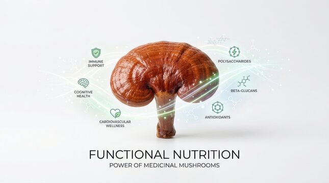 Functional nutrition reishi mushroom illustration highlighting immune support antioxidants and polysaccharides for medicinal mushroom supplement background and wellness banner