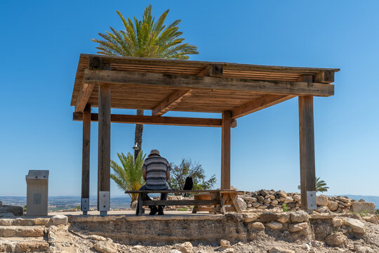 Wooden shade structure for resting out of the hot Israeli sun at Tel Megiddo.
