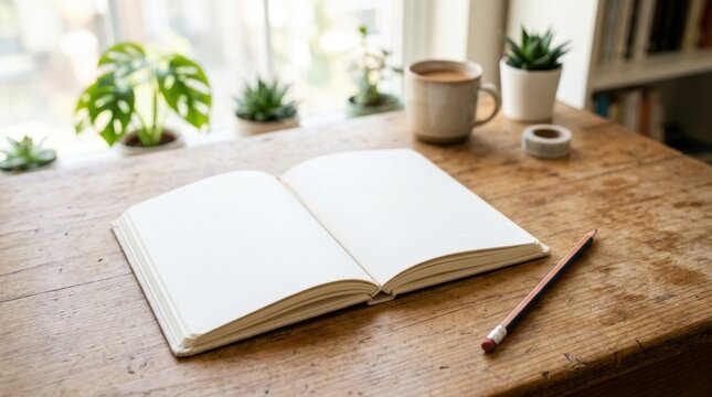 Open blank notebook on wooden desk with pencil plants and coffee for cozy workspace background and journaling flatlay design