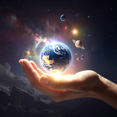 Earth held in hand with planets and nebula in starry background