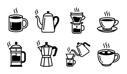 Obraz premium Coffee Brewing Icons: Mugs, Pots, French Press, Pour Over, Moka Pot, Espresso Maker, Vector Set