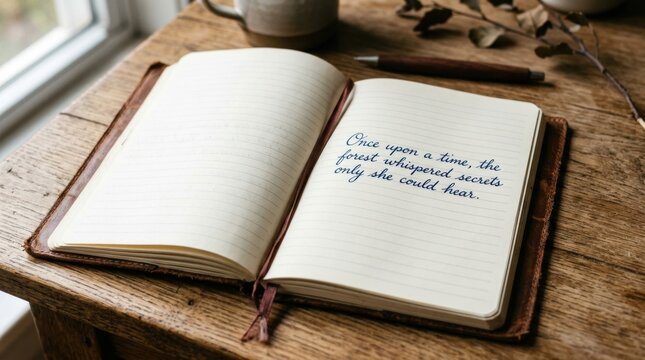 Open journal with a handwritten sentence on lined pages by a window for writing background and storybook stationery design