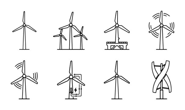 Wind Turbine Icons Set, Renewable Energy Vector Graphics, Sustainable Power Generation Symbols, Clean Electricity Technology