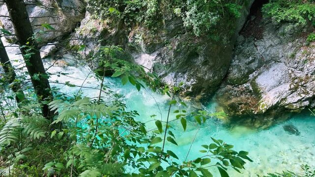 Streaming Mountain River with Crystal Cold Water. Orrido dello Slizza, Italy