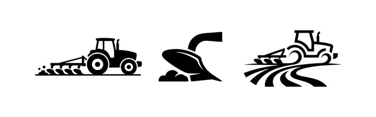 Set of plowing and tillage agricultural vector icons, including tractor and plow © Lili