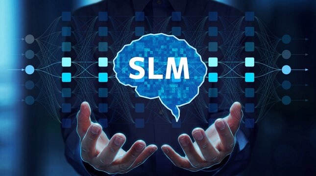 A businessman interacting with a digital interface featuring a brain icon and the text SLM, representing Small Language Model technology and artificial intelligence.