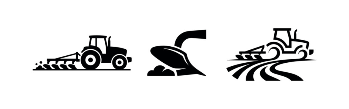 Set of plowing and tillage agricultural vector icons, including tractor and plow