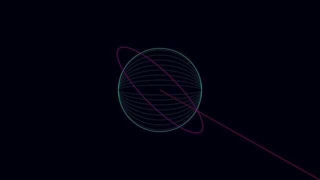 Abstract rotating sphere wireframe with orbital rings motion animation 4k rotation
