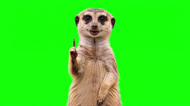 Realistic 3D meerkat raising index finger up while talking and explaining, important advice and top tip educational business concept isolated on chroma key green screen background