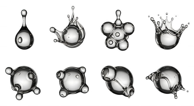 water droplet actions abstract cgi 3d renders on a pure white background science beauty or product visuals