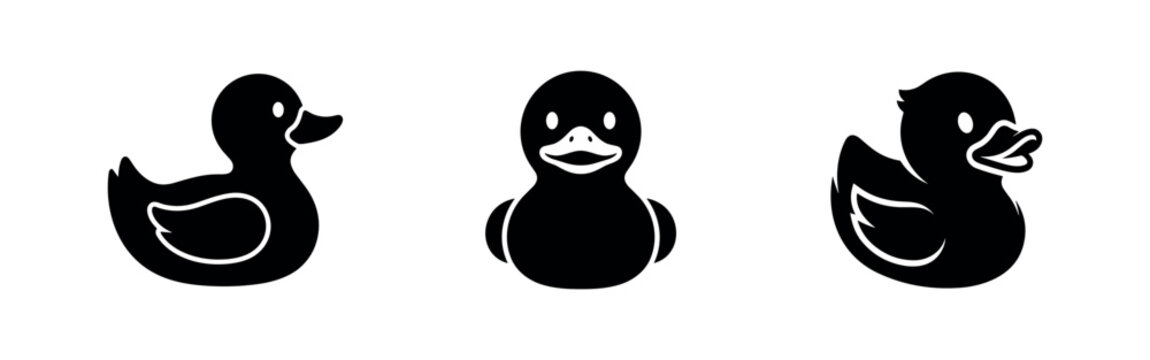 Three black rubber duck icons on white background