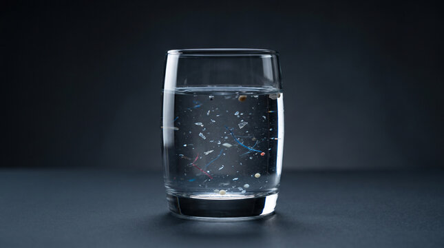 Glass of drinking water containing suspended microplastics