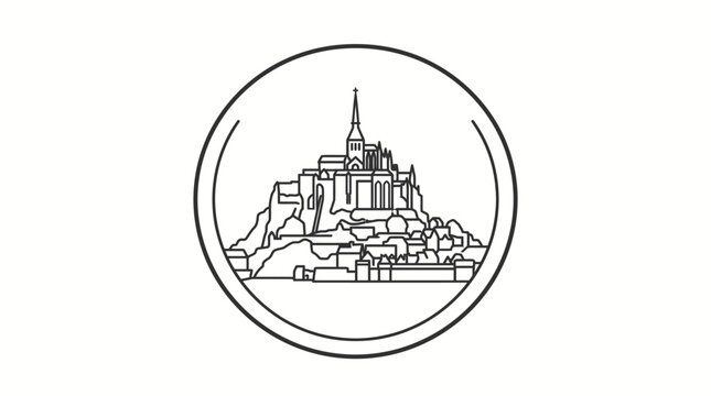 Mont Saint-Michel outline icon, medieval island commune, famous French landmark, isolated white background.