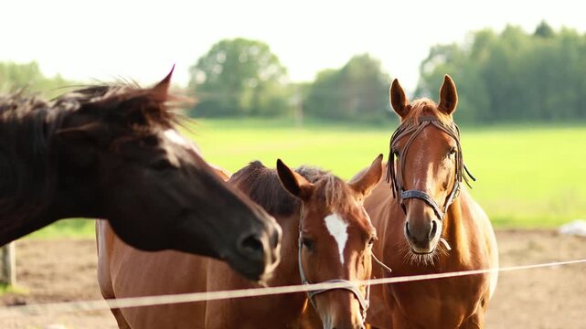 4K Slow motion video of beautiful thoroughbred horses standing together behind a fence in a sunny paddock. Close up group portrait of brown and black domestic animals looking into camera in summer.