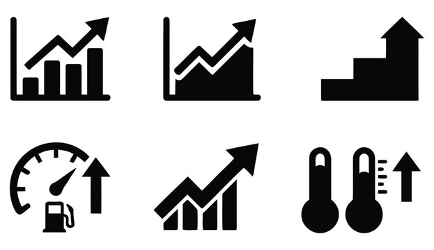Growth chart icons fuel gauge and thermometer silhouettes on a white background achievement advancement analytics