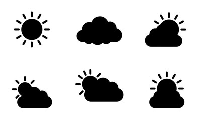 Obraz premium Black Silhouette Weather Icons: Sun, Clouds, Partly Cloudy, Forecast, Simple Vector Graphics for Apps