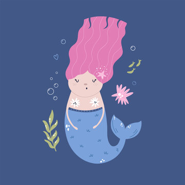 Cute cartoon mermaid with pink hair swimming in the blue ocean.