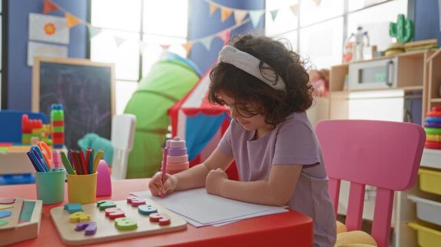 Little hispanic girl reaches for colored pencil on table with stacking toy and wooden alphabet puzzle in a children's play area inside a building; creative concentration.