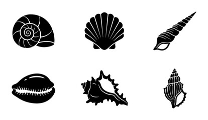 Vector Set of Six Black Seashell Icons, Marine Mollusk Silhouettes for Coastal Design © Santo