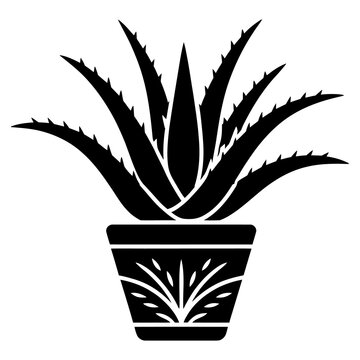 Black and white silhouette of a potted aloe vera plant with spiky leaves in a decorative planter d