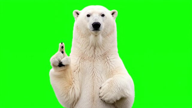 Realistic 3D polar bear raising index finger up while talking and explaining, important advice and top tip educational business concept isolated on chroma key green screen background
