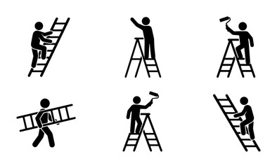 Ladder Icon Set: Stick Figure Climbing, Painting, Carrying, and Working on Ladders © Sihab