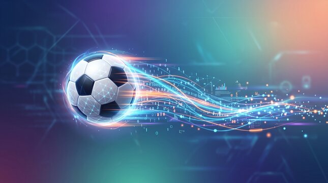 futuristic glowing soccer ball with digital binary code data trail