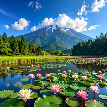 Mount Fuji lake with blooming lilies
