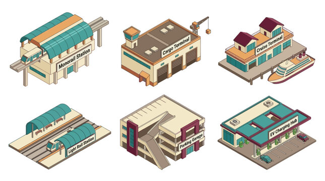 Stylized isometric illustration showing various transportation hubs including a monorail station, cargo terminal, cruise