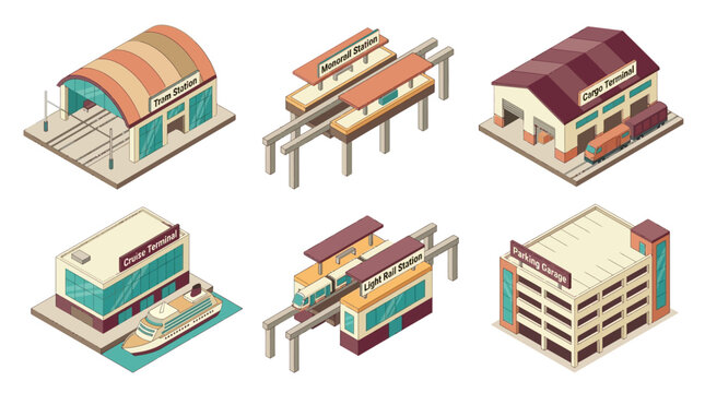 Collection of Modern Isometric Transportation and Facility Buildings Including Tram Stations Bus Depot and Commercial Warehouse