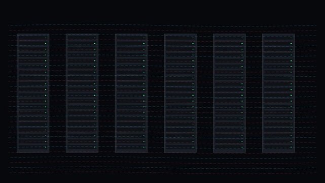 Digital data center server racks with blinking green led lights for cloud computing and network infrastructure technology animation 4k