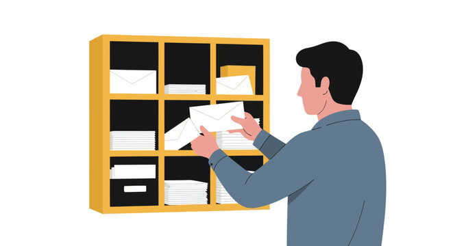 Man sorting mail into wooden office cubbies.