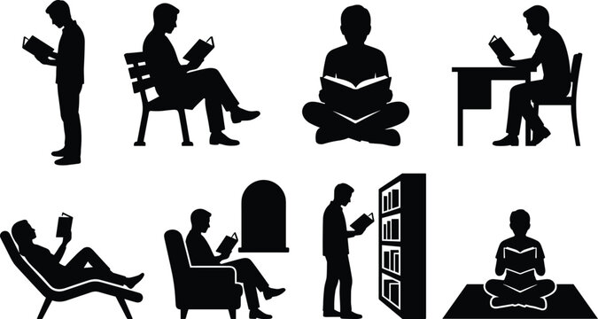 Black Silhouette Reading People Icons Collection Featuring Students, Book Lovers, Library, Study, and Relaxed Reading Poses