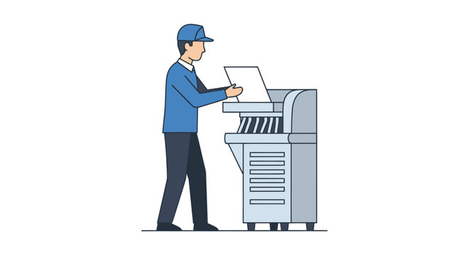Service technician operating large office photocopying machine.