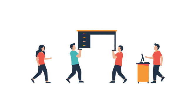 Team of workers moving office furniture during business relocation.