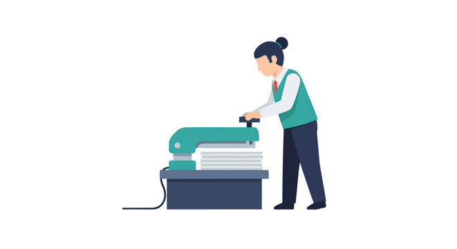 Woman operating industrial office stapler machine illustration.