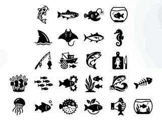 Fototapeta premium Collection of Fish and Seafood Icons, Vector Graphics