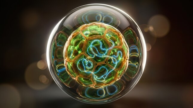 Macro view of a cell colony inside a transparent sphere, recursive reflections, nested circles, and metabolic pathways folding back on themselves, with green cytoplasm, amber membranes, and luminous