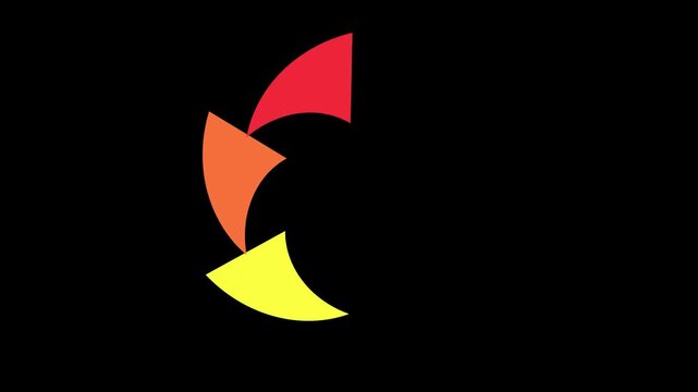 Multicolored swirling segmented circle abstract animation on black background. Useful for transitions, logos, or loading screens.