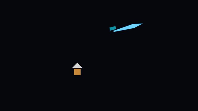 Minimalist 2 d animation of a flying airplane over a house on 4k black background