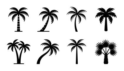 Fototapeta premium Palm Tree Silhouettes: Tropical Vector Icons Set, Beach Vacation & Summer Design Elements