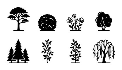 Black Silhouette Vector Icons: Diverse Trees, Bushes, and Floral Elements for Nature Designs © Samanta