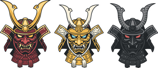 Traditional Japanese Samurai Mask and Kabuto Helmet Set with Oni Demon Face Designs for Esport Logos T-Shirts and Cultural Graphic Illustrations © Auwal