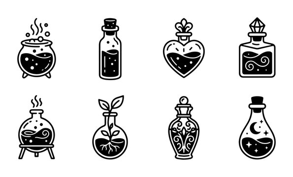 Mystical Potion Bottles Vector Icons Set: Alchemy, Magic Elixirs, Witchcraft Brews, Enchanted Liquids
