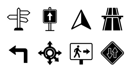 Navigation Icons Set: Directional Signs, Arrows, Crossroads, and Wayfinding Symbols © Hamida