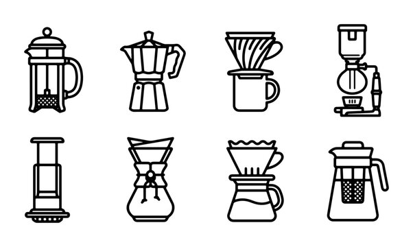 Coffee Brewing Methods Icons: French Press, Moka Pot, Pour Over, Siphon, AeroPress, Chemex, Cold Brew