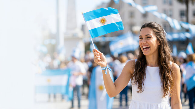 Happy woman holding Argentine flag at street celebration. Patriotic girl celebrating Argentina independence day. Copy space on left